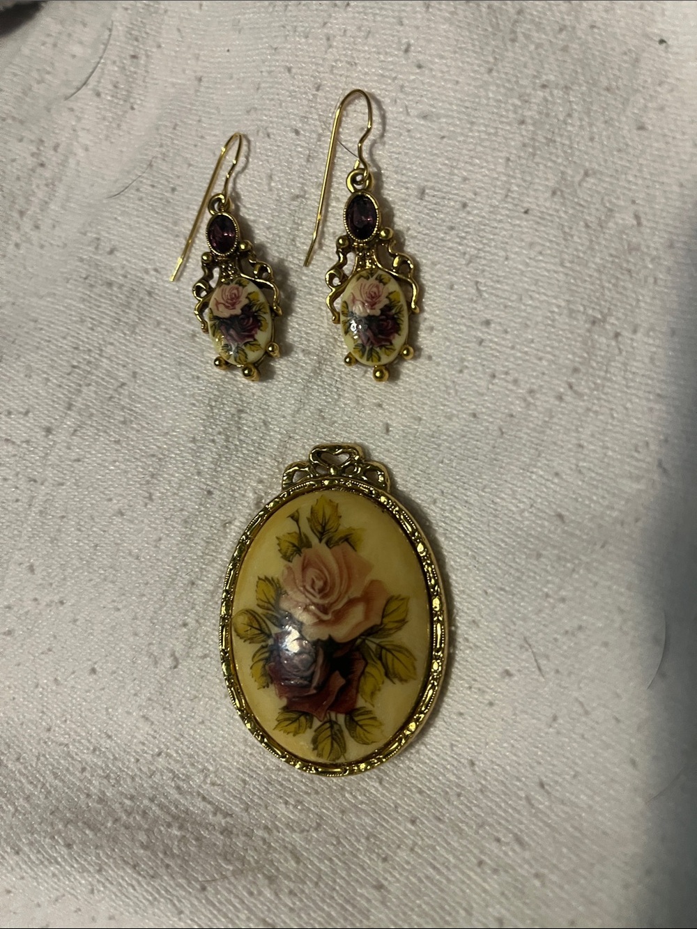 Vintage Gold-Tone Floral Drop Earrings in Yellow with Pink Rose Accents